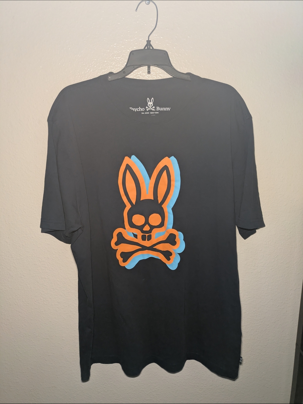 Psycho Bunny Black Short-Sleeve Tee with Orange and Blue Skull Bunny Graphic Sz8